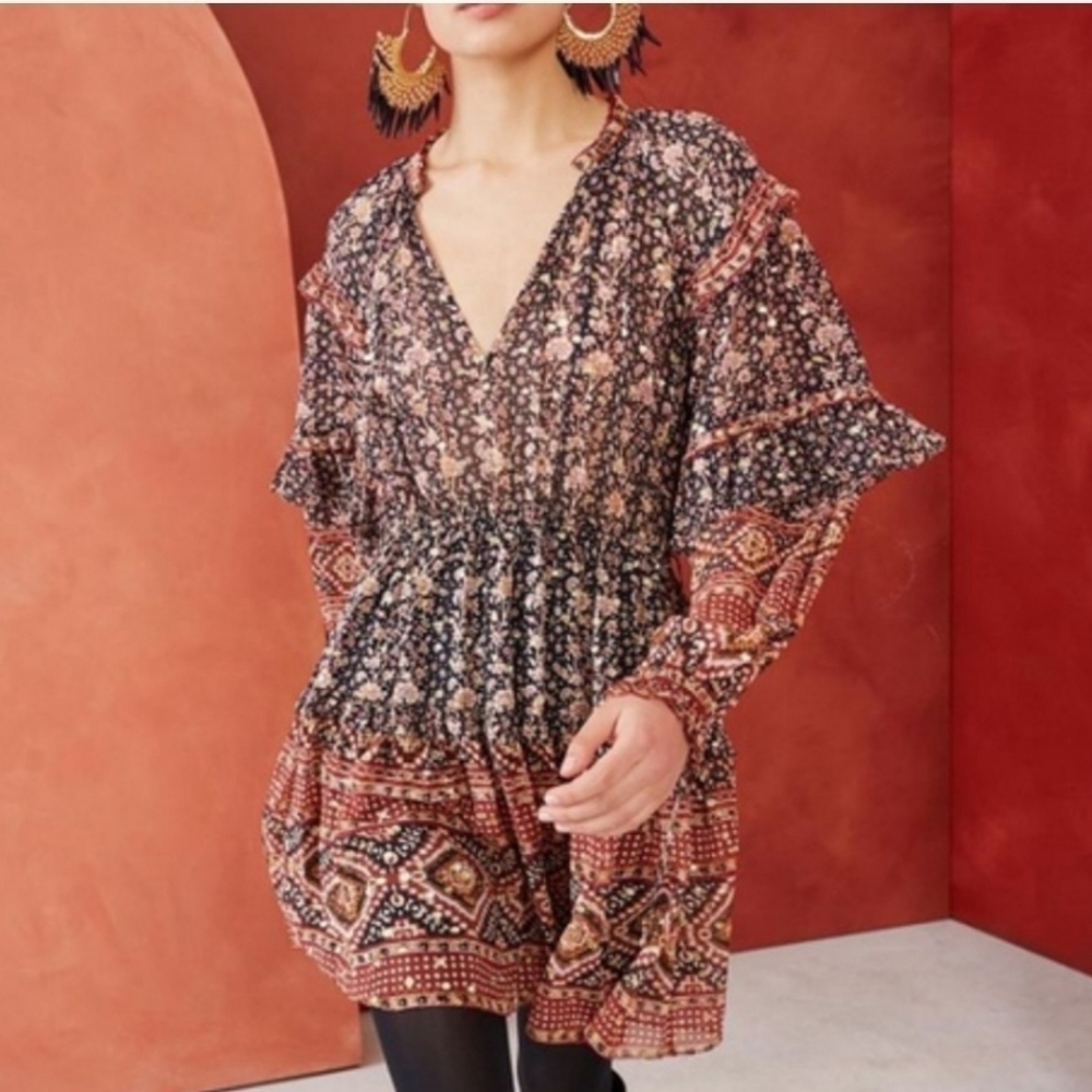 ULLA JOHNSON Erisa Silk Mini Dress Brown Metallic Size 2